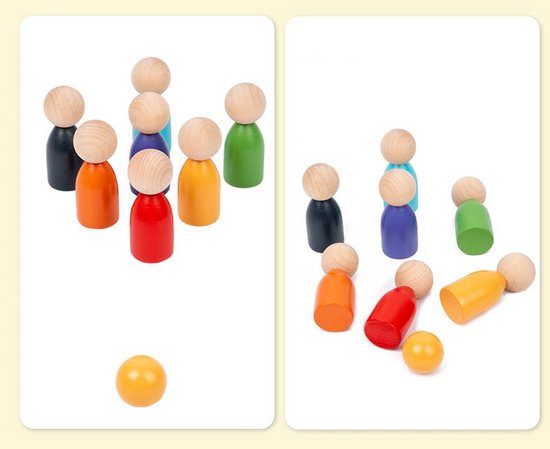 Twee groepen houten poppetjes, staand en liggend, met losse balletjes.