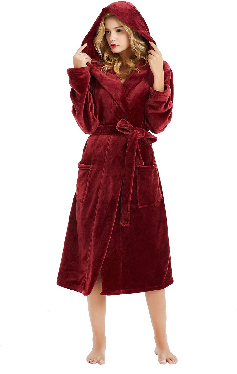 Ibenzoa Dames Luxe Fleece Badjas met Capuchon en Zachte Gebreide Velours rood