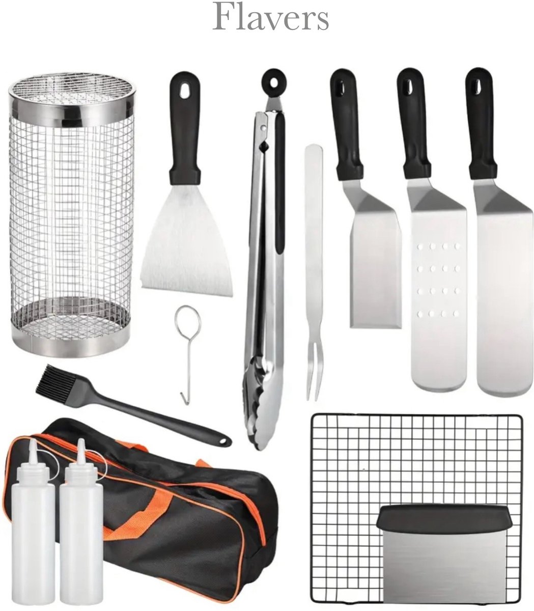 Flavers - BBQ accesoires - Gereedschap - 14 delig - Inclusief Luxe Draagtas - Barbecue Gereedschap Set - BBQ set - Grillmand