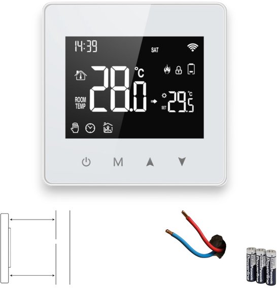 Slimme Wifi Opbouw Thermostaat met tiptoetsen | 3x AAA of USB-C voeding | geschikt voor 2-draads aansluiting | C.V. Installatie | Boiler | Wit | Tuya
