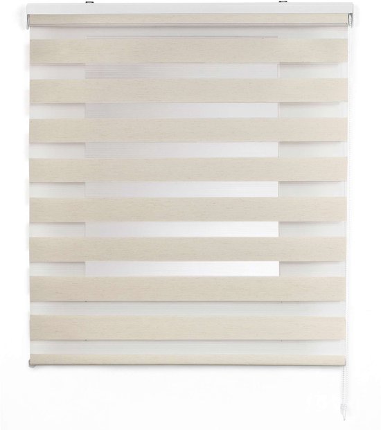 Crèmekleurig duo rolgordijn met horizontale banen van transparant en verduisterend textiel.