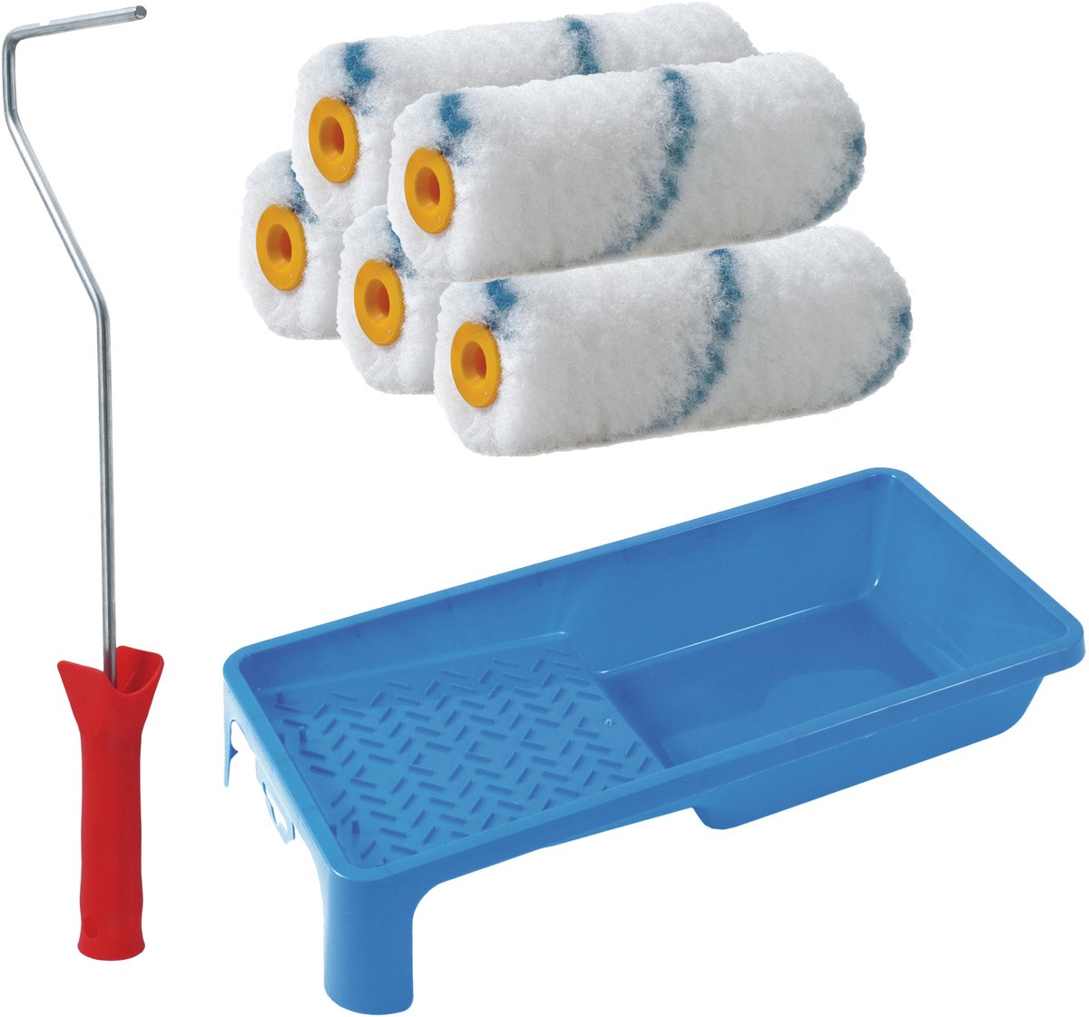 Sorex pluisvrije verfrollers schilderen set - met beugel en verfbak - 5x anti spat vacht rollers - pluisvrij - breedte 10 cm x dikte 4 cm - wasbaar