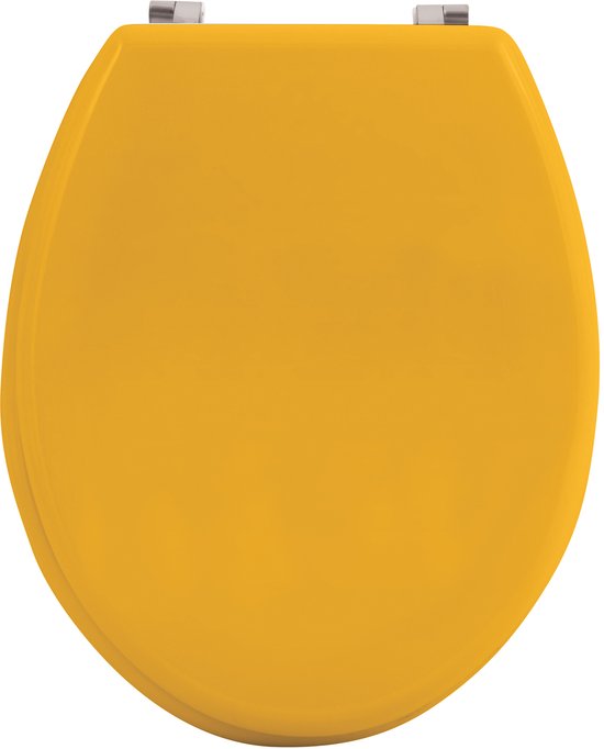 Gele toiletbril van bovenaf, met gesloten deksel.
