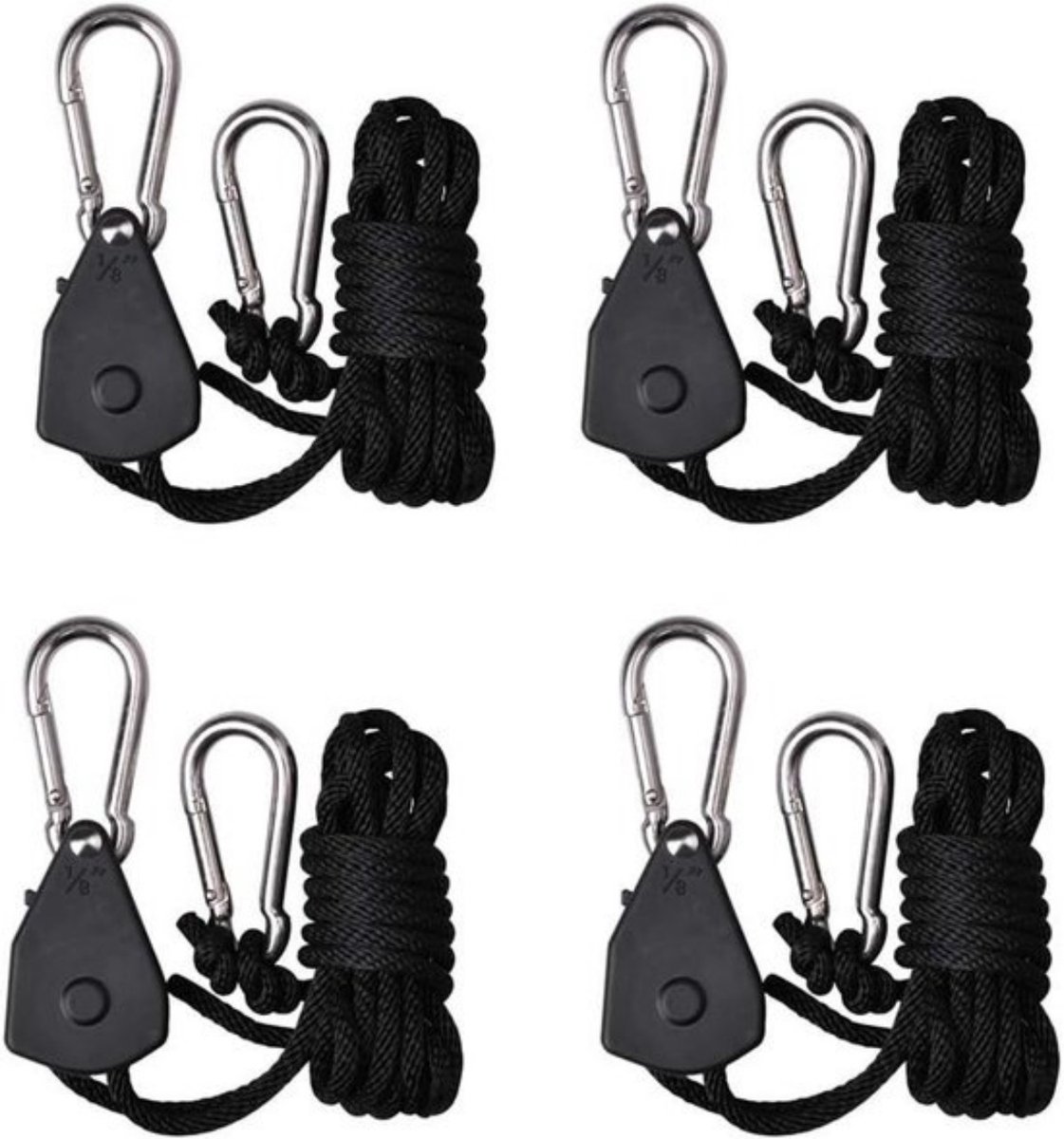 4 stuks/2 paar - Touwratel - ratel - interne tandwielen ratel - trekhaak met karabijnhaak - Touwratel Hanger Set - Heftoestel - 2m lang - 150 lbs - zwart - voor Binnenplanten, Verlichting en Ventilatie