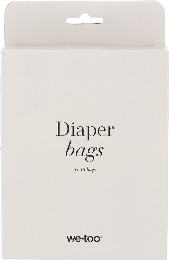 Witte verpakking met 'Diaper bags 3x 15 bags' en 'we-too'.