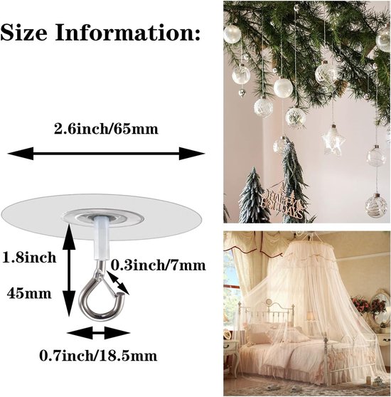 Maatinformatie van een plafondhaak, met afbeeldingen van versierde kerstbomen en een hemelbed met klamboe.