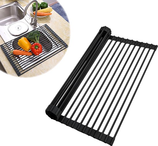 Kitch&Life Afdruiprek Oprolbaar - Hittebestendig Onderzetter - Afdruipmat 33 x 23 cm - Pannenonderzetter - Gootsteenmat - Zwart