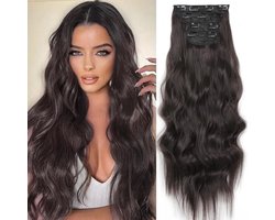 Haarextensies, clip-in extensies, donkerbruin, golvende haarverlenging, voor het hele hoofd, net echt haar, haarextensie-clips, voordelige clip-extensies, synthetisch haarstukje voor vrouwen (60