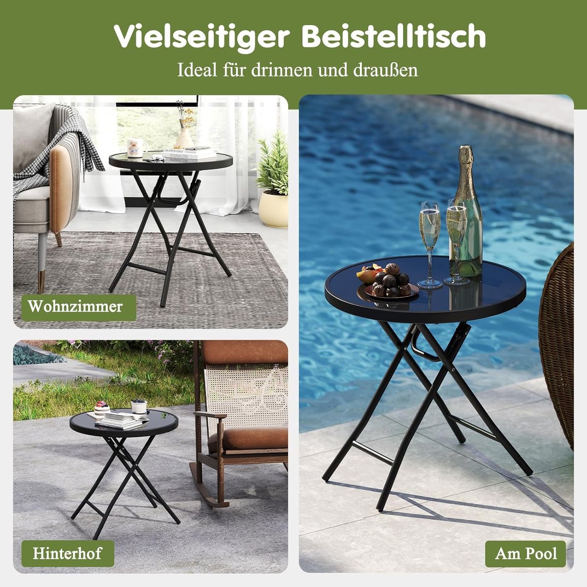 COSTWAY Bijzettafel inklapbaar, kleine klaptafel, tuintafel, ronde balkontafel eettafel voor balkon, tuin, terras, zwart thumbnail 7
