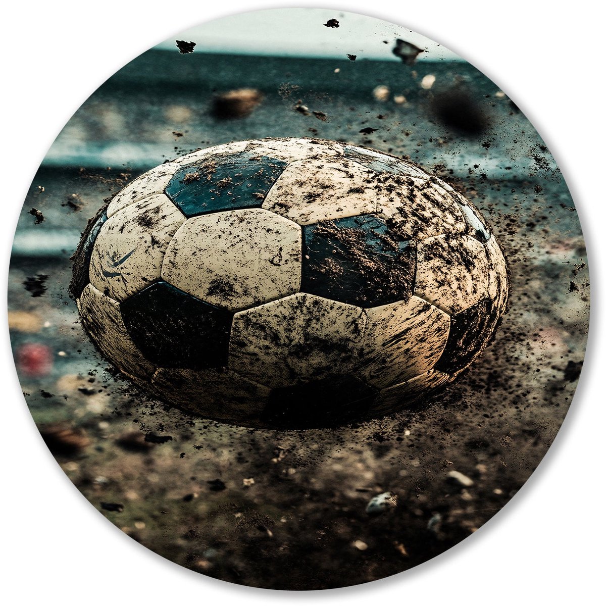 Dynamische modderige voetbalactie - Voetbal wanddecoratie rond - Rond wandpaneel bal - Hyperrealisme - Forex muurcirkel op maat - Wandprints slaapkamer - muurcirkel forex 90x90 cm