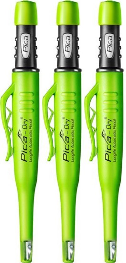 Drie groene Pica-Dry automatische potloden met clips en puntenslijpers.