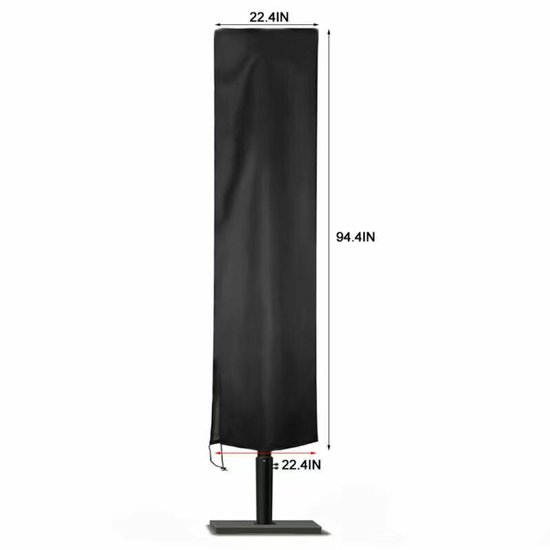Zwarte parasolhoes op standaard, met afmetingen 94,4 " hoog en 22,4 " breed.