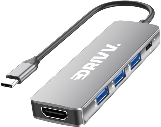 Premium USB C Hub 5 in 1 - HDMI 4K 30Hz - PD 100W - USB 3.0 - USB 20 - USB Splitter - Adapter - Geschikt voor Macbook, Windows en meer - Space Grey