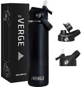 The Verge® - Luxe RVS Thermosfles / Drinkfles – BPA en Lekvrij – 650 ML - Waterfles met Rietje – Dubbelwandige isolatie - Thermosbeker - Met 2 Doppen - Volwassenen en Kinderen - Zwart