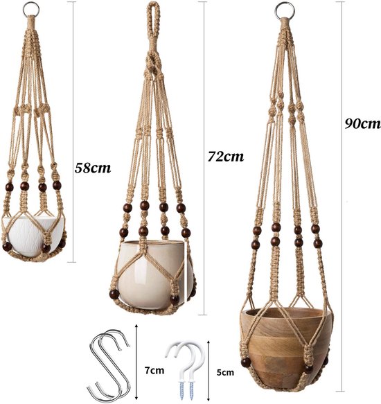 Drie jute macramé plantenhangers met bruine kralen, met verschillende potten en afmetingen: 58cm, 72cm, 90cm. Inclusief haken.