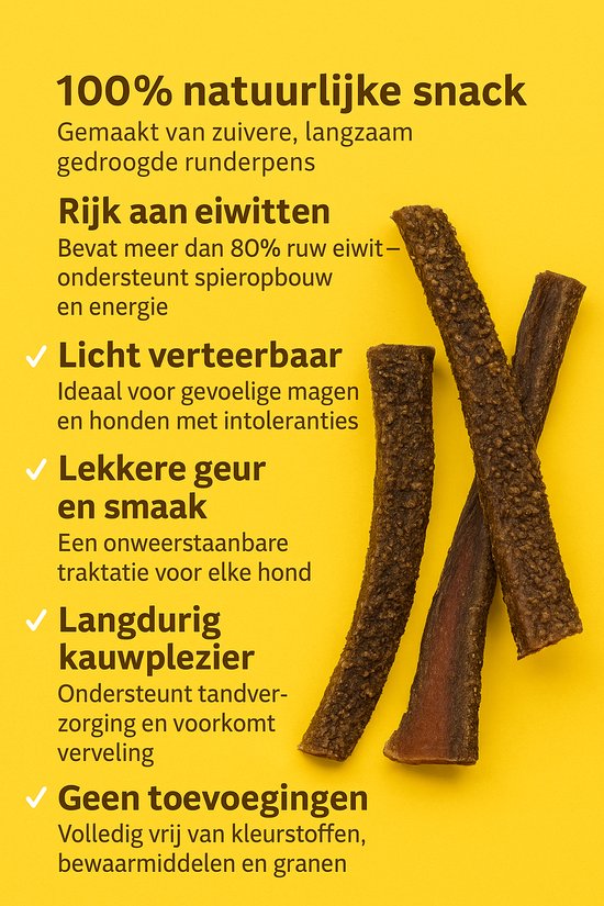Drie natuurlijke, donkerbruine gedroogde runderpensen op een gele achtergrond.