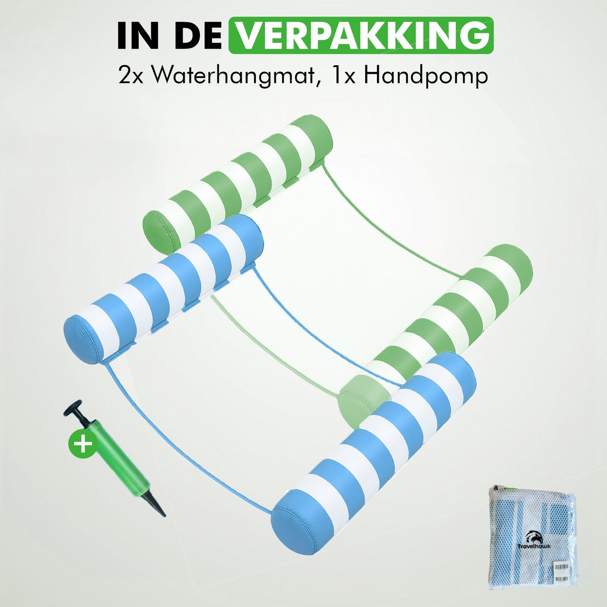Travelhawk Waterhangmat - 2 Stuks - Waterhangmat Volwassenen - Water Hangmat - Luchtbed Zwembad - Luchtmatras Zwembad - Waterspeelgoed - Groen en Blauw — afbeelding 6