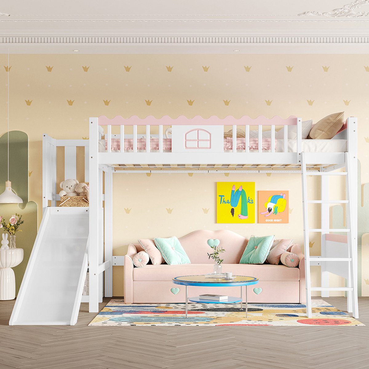 Pugsdrly Hoogslaper, eenpersoonsbed (zonder matras), kinderbed, met ledlampjes, met planken, met glijbaan, EN747-gecertificeerd, grenenhout, 90x200 cm, wit