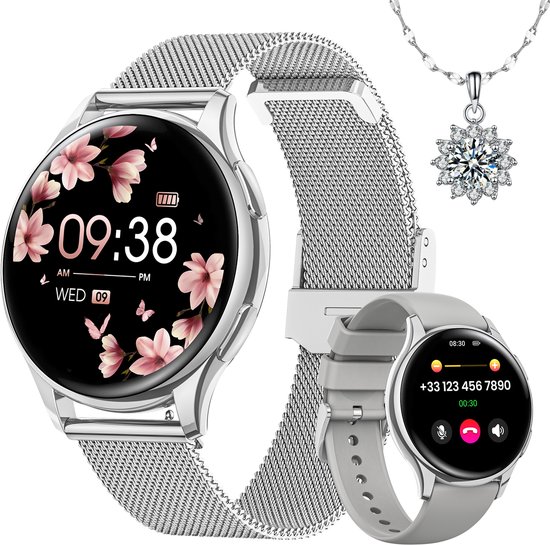 SWGOTA Smartwatch Dames - Met ketting - 1,27-inch AMOLED - met Belfunctie - 24-uurs hartslagmeting - Slaapmonitor - 120+ Sportmodi - IP68 Waterdicht - Geschikt voor Android en iOS - Zilver