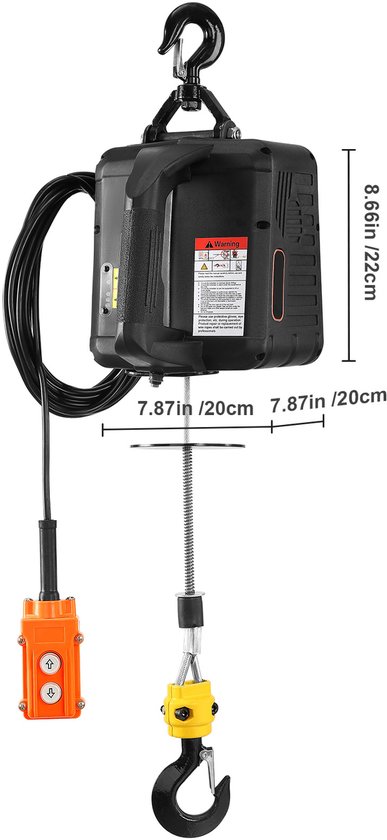 Zwarte elektrische takel met afmetingen weergegeven, met een oranje bedrade afstandsbediening.