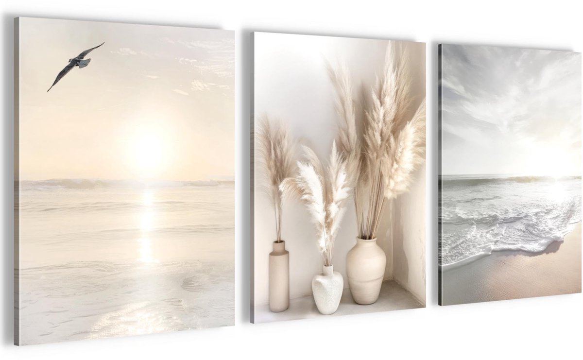Ibenzoa Moderne Muurschilderingset Strand Zee Boho Stijl Voor Woonkamer Slaapkamer Hal Decoratie Beige