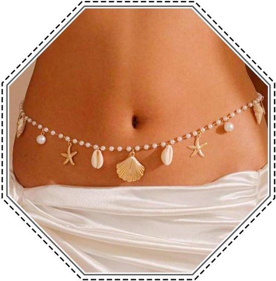 Allecto Plus - Boho Zeester Parel Taille Body Chain Goud Zeeschelp Buik Riem Kettingen Conch Strand Body Sieraden Voor Vrouwen - Zonder Edelsteen - Trendy Accessoires voor Dames - Vakantie Sieradenlijn