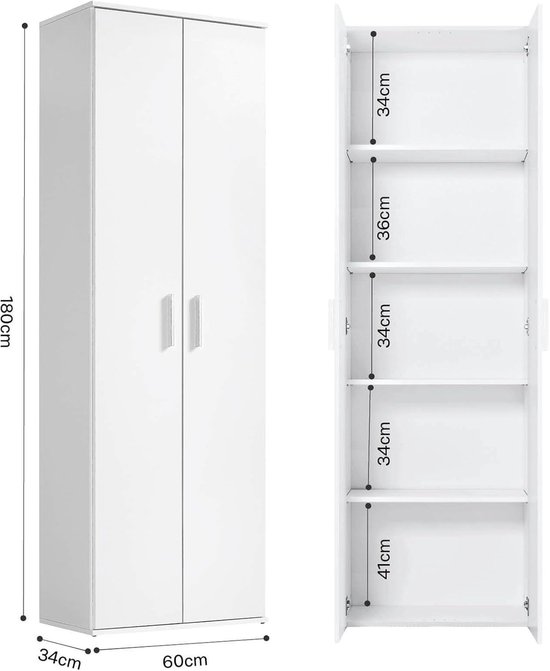 Witte archiefkast van 60 x 180 cm. Open kast met vijf planken en afmetingen van 34cm tot 41cm.
