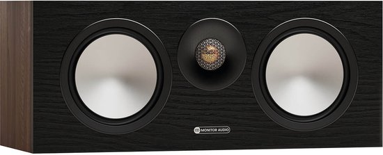 Monitor Audio Bronze Center luidspreker met twee zilveren drivers en een gouden tweeter, in houtlook kast.
