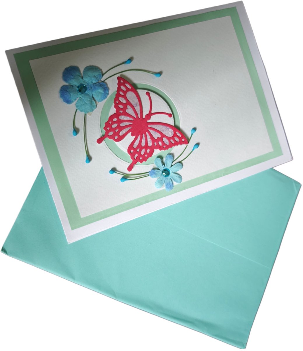 40% discount: Handgemaakte Wenskaart met Rood Vlinderontwerp en Blauwe Bloemen – Luxe Kaart met Envelop (Handmade Greeting Card with Red Butterfly Design and Blue Flowers – Luxury Card with Envelope)