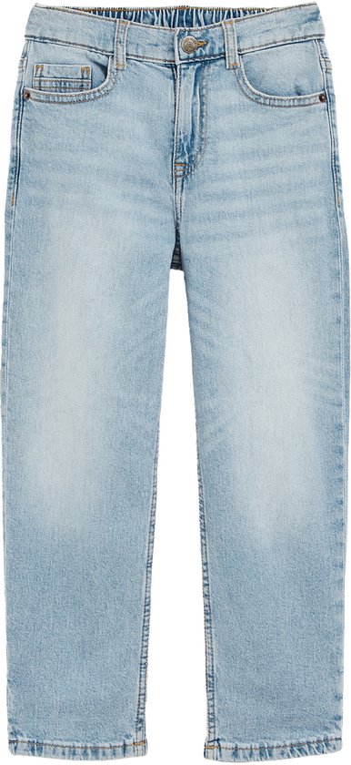 Voorkant van een effen lichte spijkerbroek met een elastische tailleband op een witte achtergrond.