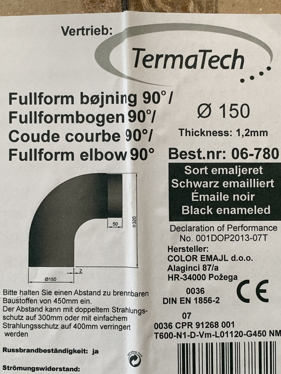 Kachelpijp Ø 150 Bocht 90° - zwart - geemailleerd