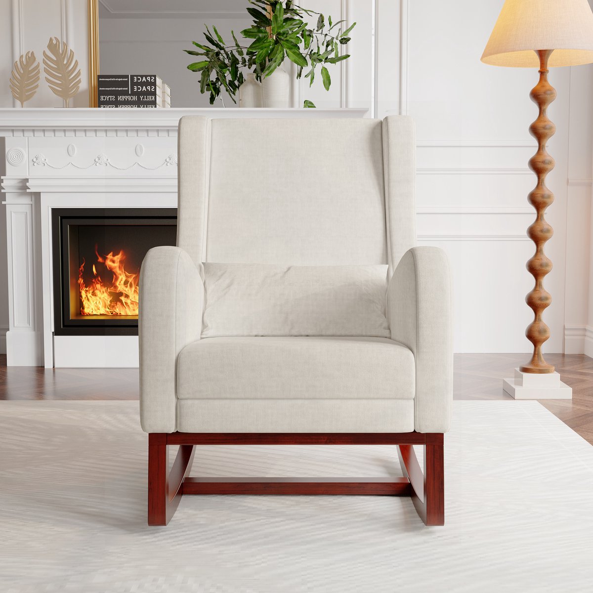 Schommelstoel, relaxstoel, schommelstoel met voetenbankje, voedingsstoel, schommelstoel met linnen stof en lendenkussen & 2 zijzakken, comfortabele leesstoel voor woonkamer, slaapkamer, beige