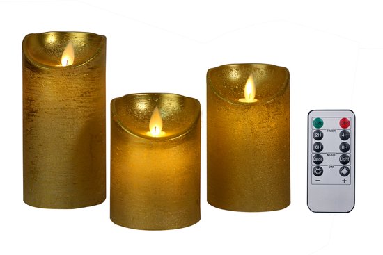 Foryouliving - LED kaarsen met bewegende vlam 3x - Goud - Gold - Afstandsbediening - Stompkaars rustiek wax - LED kaars batterij - Timer - 7.5 x 10 12.5 15 cm