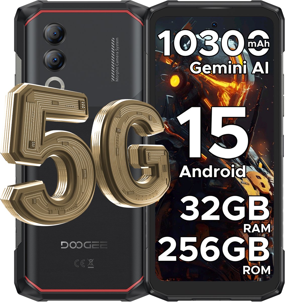 DOOGEE Blade 20 Turbo 5G -AI Smartphone - Android 15 - Rrugged Smartphone - 10300mAh/33W - 32GB RAM+256GB ROM - 6,6 inth HD & 90Hz- Face ID - NFC - GPS - WiFi 6- Zwart
