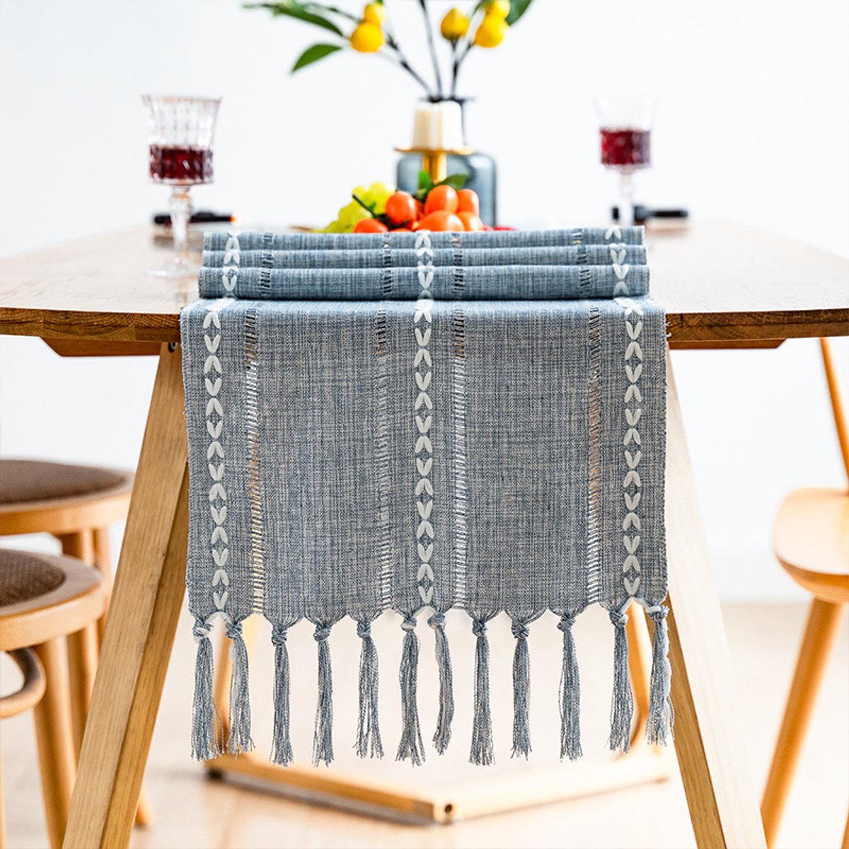 Retro tafelloper - Elegante handgeweven katoen-linnen stof met kwastjes - 183x33 cm - Voor bruiloften, thuis en diner - Kruisblauw
