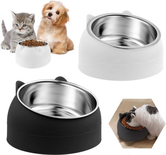 2 Stuks - Voerbakjes voor Katten - Voerbak Hond - 200ML - 15°Kantelbaar - RVS - BPA-vrij - Drinkbak Hond & Kat - Met kattenkopjes vorm - Voor Water, Nat- en Droogvoer - Eenvoudig Schoon Te Maken - Duurzaam - Antislip - Wit/Zwart
