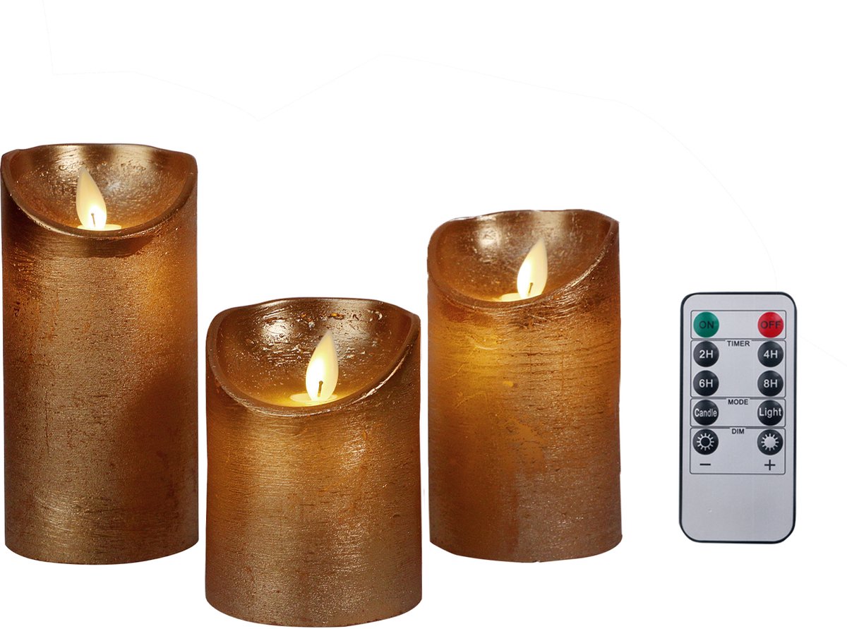 Foryouliving - LED kaarsen met bewegende vlam 3x - Koper - Copper - Afstandsbediening - Stompkaars rustiek wax - LED kaars batterij - Timer - 7.5 x 10 12.5 15 cm