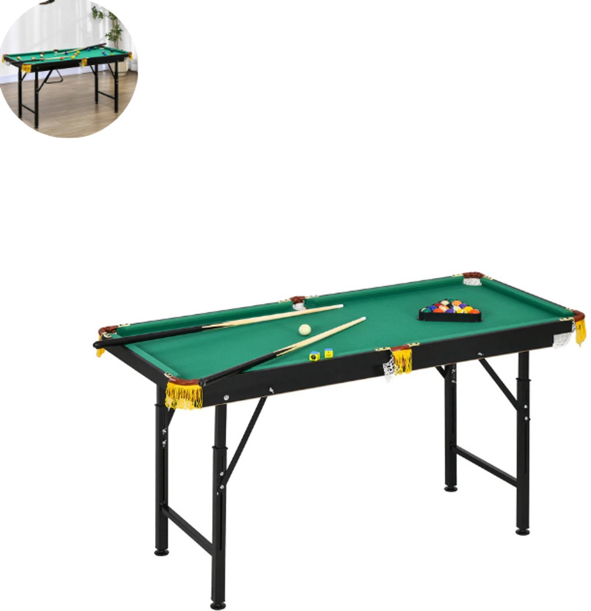 Pooltafel - Pooltafel voor thuis - Poolbiljart tafel - Inklapbaar - Verstelbare hoogte - Driehoek -2 keus - 16 ballen - Groen