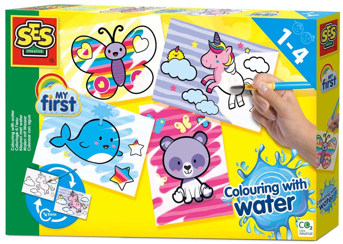 SES - My First - Verven - Kleuren met water - Fantasie dieren - zonder geknoei - inclusief 4 voorbedrukte kaarten en kwast - steeds opnieuw te gebruiken