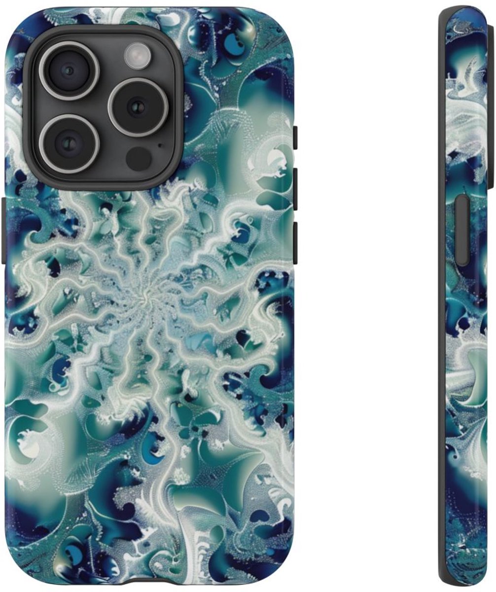 Blauw-Groene Fractalwerveling met Glans – Telefoonhoesje Geschikt voor iPhone 15 Pro
