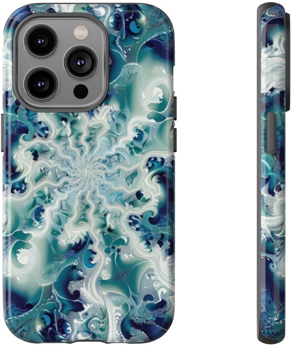 Blauw-Groene Fractalwerveling met Glans – Telefoonhoesje Geschikt voor iPhone 14 Pro