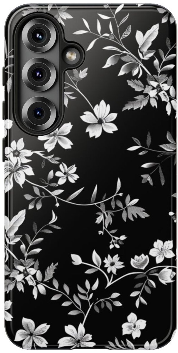 Zwart-Wit Bloemenpatroon – Telefoonhoesje Geschikt voor Samsung Galaxy S25