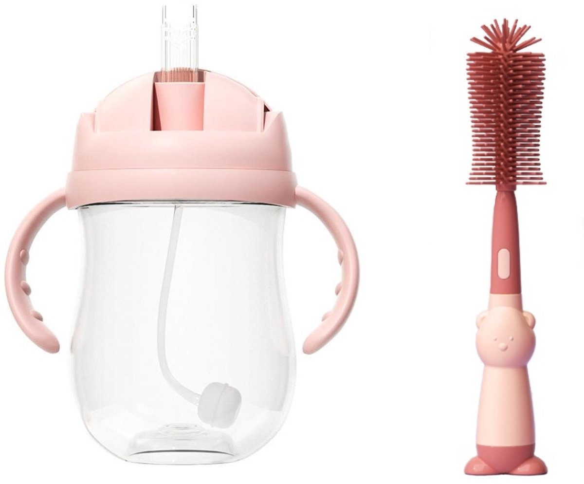 Loha-party®Flip-It Antilekbekerr met Handvat & Rietje 300ml – BPA-vrij – Vaatwasmachinebestendig – PP + PP deksel – 3-in-1 Reinigingsborstel (Fles-, Rietjes- & Speenborstel) -Rood