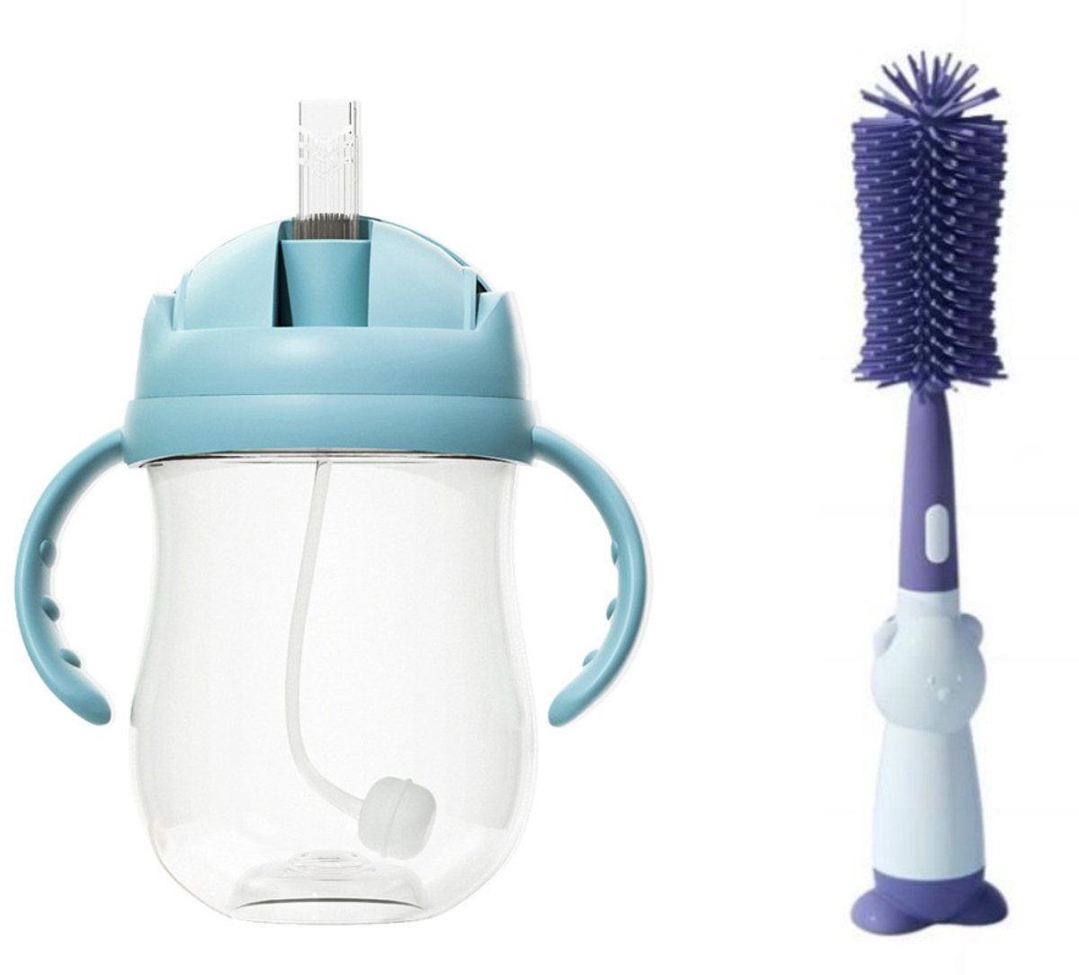 Loha-party®Flip-It Antilekbeker met Handvat & Rietje 300ml – BPA-vrij – Vaatwasmachinebestendig – PP + PP deksel – 3-in-1 Reinigingsborstel (Fles-, Rietjes- & Speenborstel) -Blauw