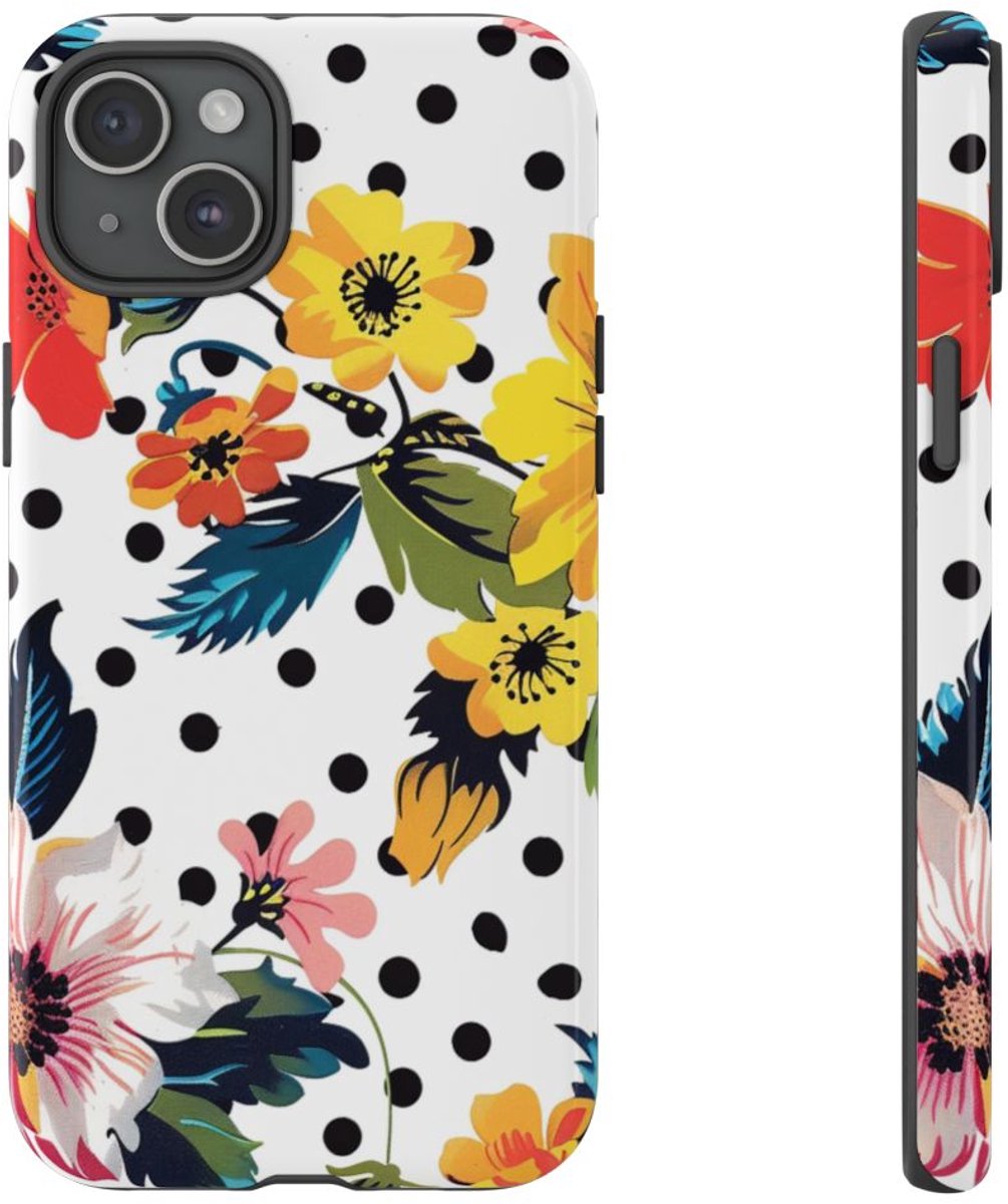 Kleurrijk Bloemenpatroon met Polkadots – Telefoonhoesje Geschikt voor iPhone 15 Plus