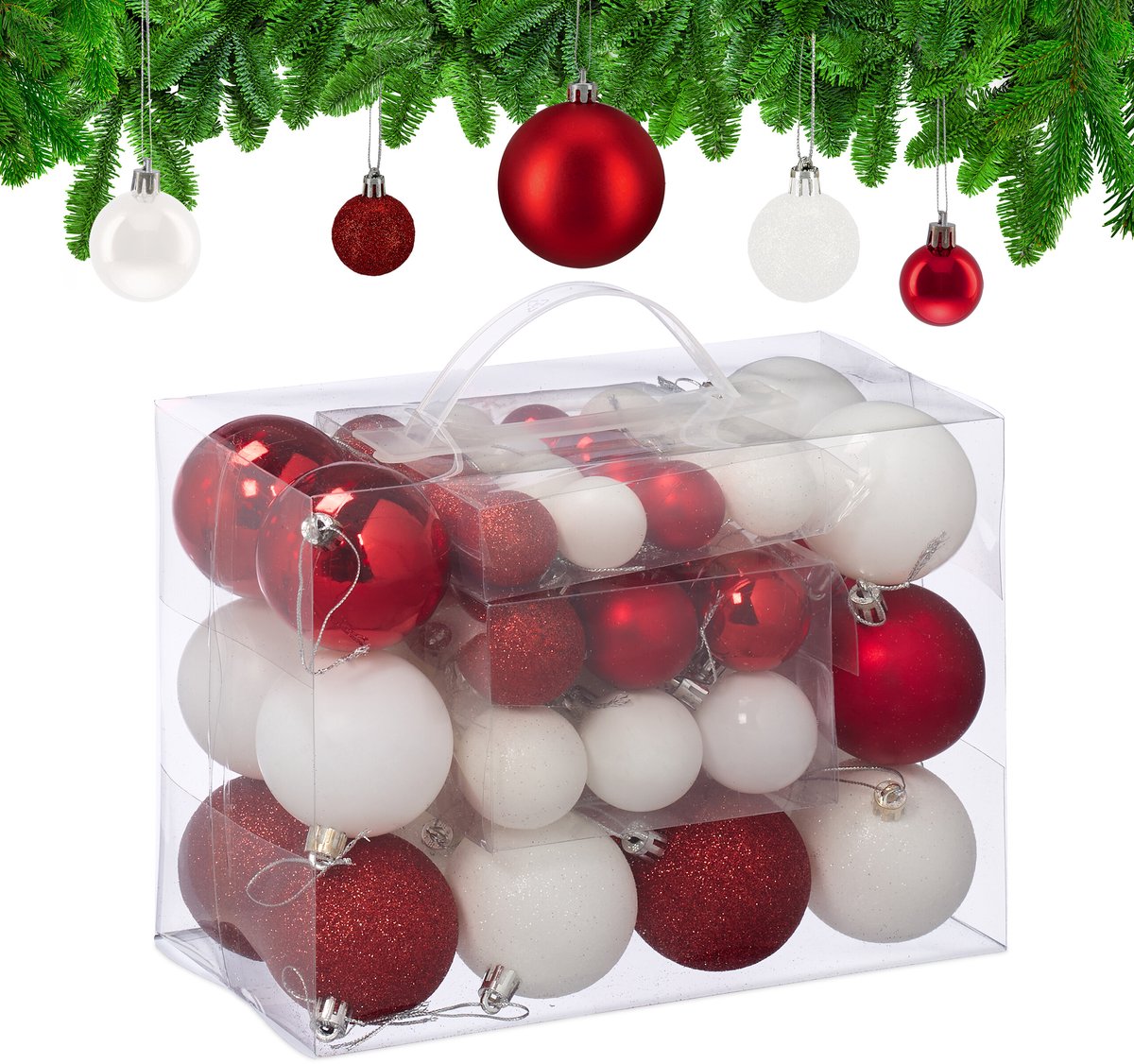 Set van 50 wit-rode kunststof kerstballen in verschillende maten: 3, 4 en 6 cm.