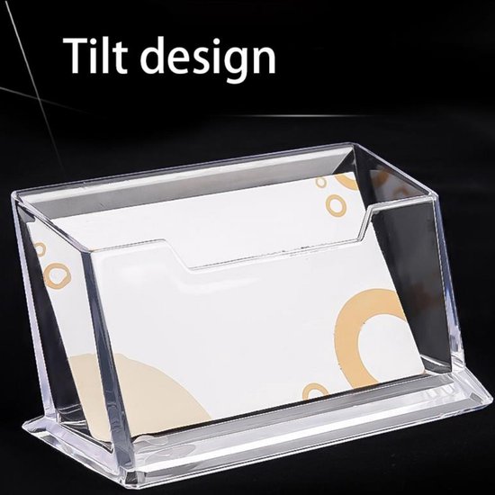 Transparante visitekaarthouder met kaartjes met cirkels en beige patronen. Tekst 'Tilt design'.