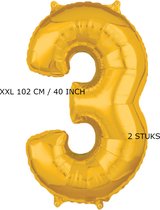 Mega grote XXL gouden folie ballon cijfer 3 jaar. 102 cm 40 inch. Leeftijd verjaardag 3.  Met rietje om op te blazen. 2 stuks