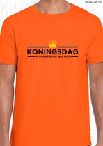 KONINGSDAG IK WAS ER BIJ heren t-shirt - Oranje met zwarte tekst - Maat XL - Korte mouwen - Ronde hals - Regular Fit - 27 april 2022 - Quotes - Kwoots - Lang leve de Koning