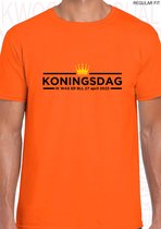 KONINGSDAG IK WAS ER BIJ heren t-shirt - Oranje met zwarte tekst - Maat XXL - Korte mouwen - Ronde hals - Regular Fit - 27 april 2022 - Quotes - Kwoots - Lang leve de Koning